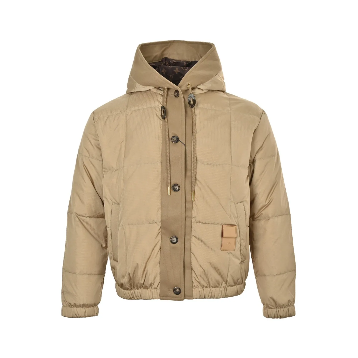 Louis Vuitton/Louis Vuitton embossed leather label fine plaid hooded down jacket